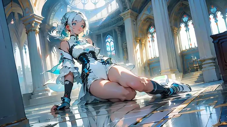 (masterpiece, Highest quality, Highest quality, Official Art, Beauty and aesthetics: 1.2), (One girl: 1.3), (Fractal Art: 1.3), Bright aqua blue eyes,glass dome,big dome,Relaxed young woman、whole body、indoor、[beautiful detailed lighting][soft lighting][cin...