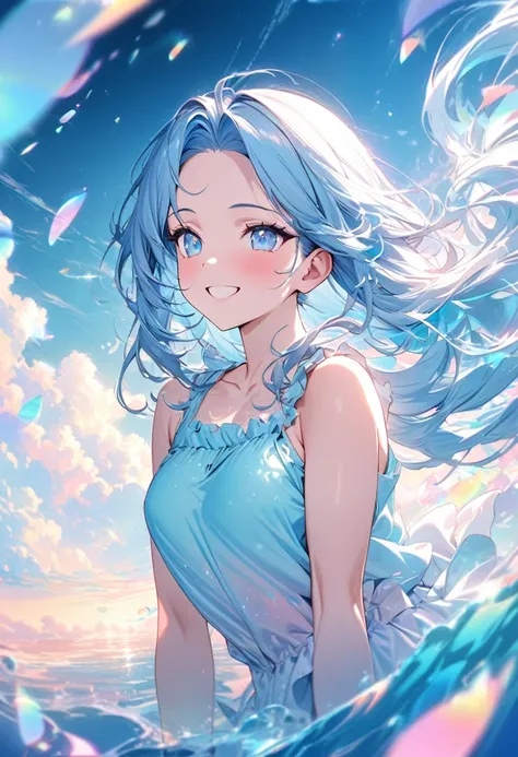 (Pastel color art style) (double exposure pastel color), (solo:2, 15 yo) (beautiful detailed forehead) (beautiful pastel blue hair long hair) (immensely cute girl) (detailed lovely blue eyes) (best smile) (smal tits), in a pastel blue summer casual tank to...