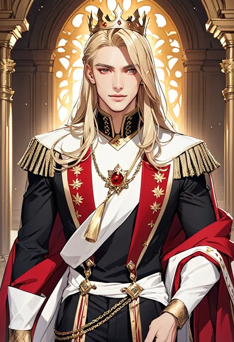 Handsome man with long blonde hair, red eyes, light skin and a king outfit