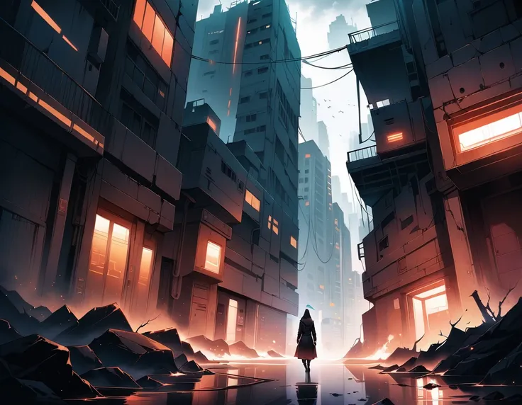 In this desolate, cyberpunk underworld, a lone stiltwalker, clad in worn leather and synthetic fibers, emerges from the shadows. The abandoned town sprawls before us, a labyrinth of crumbling buildings and debris-strewn streets. As we navigate this darkest...