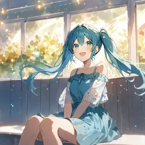 alone, good looking, watercolor,
1. woman,
hatsune miku、smile、Sitting、Open your mouth、Particles of light、Observe the audience、Look at this, twin tail, Blue Hair/Light blue hair, Off the shoulder,Casual Dresses,