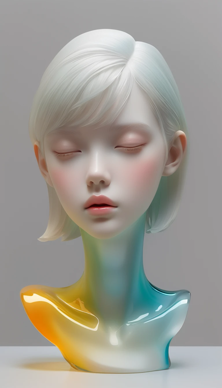 3d portrait sculptures are placed on the central stand，simple，minimalism，beautiful girl，soft and elegant colors，colored glass tr...