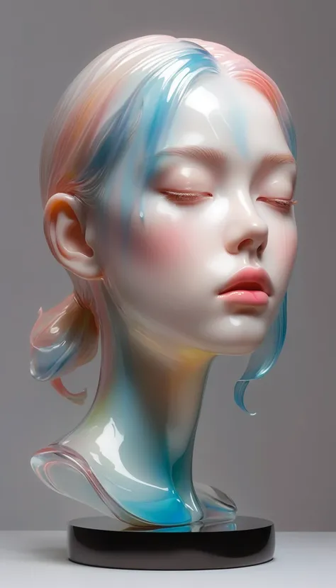 3d portrait sculptures are placed on the central stand，simple，minimalism，beautiful girl，soft and elegant colors，colored glass tr...