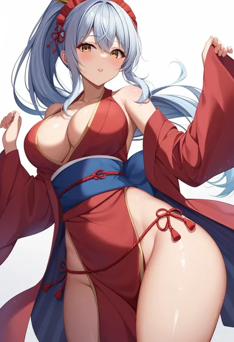 One Girl、Long Hair、Slightly large chest、（Slightly large chest：1.4)、Thighsが太い、（Thighsが太い：1.2)、Silver Hair、Golden Eyes、frilled hairband、White background、Cleavage、Exposed shoulders、Brown eyes、Are standing、clavicle、whole body、ponytail、Thighs、Open lips、kimono、S...