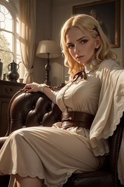 portrait of a 48-year-old blonde French woman from 1940, period dress, genuine leather, sitting takes a selfie like a smartphone, (living room with period furniture, moody soft light: 1.2)