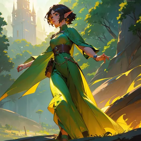 a beautiful elf girl with short hair in a long brown and green princess dress running through a forest, a city and royal castle burning in the distance, extremely detailed facial features, beautiful detailed eyes, beautiful detailed lips, detailed fantasy ...