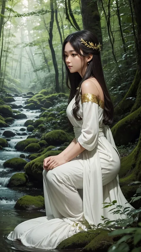 Create 64k photos of a tranquil forest scene at dusk. The forest is bathed in soft, gentle light. There are tall ancient trees. The leaves have a sparkling emerald green color. Low angle portrait. A young woman with Thai face and Korean-Western hair, beaut...