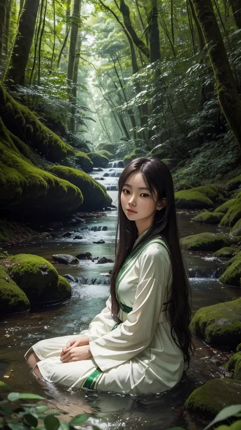 Create 64k photos of a tranquil forest scene at dusk. The forest is bathed in soft, gentle light. There are tall ancient trees. The leaves have a sparkling emerald green color. Low angle portrait. A young woman with Thai face and Korean-Western hair, beaut...