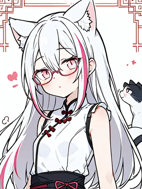 best quality, masterpiece, 1 girl, loli, upper body, hairs between eyes, female, pink eyes, long hair, small breasts, expressionless, Wink , cat ears, white hair, silver hair, streaked hair，   long bangs, cheongsam，Glasses