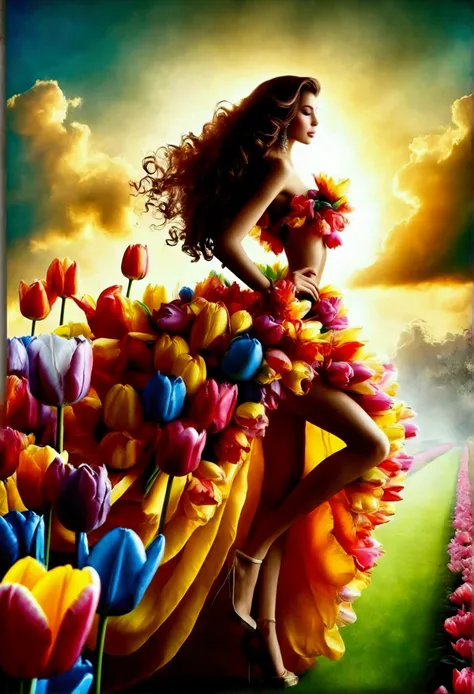 beautiful woman, long hair, loose curls, graceful pose, the dress made of tulips, tulips in 10 colours, vibrant colours, silhoue...