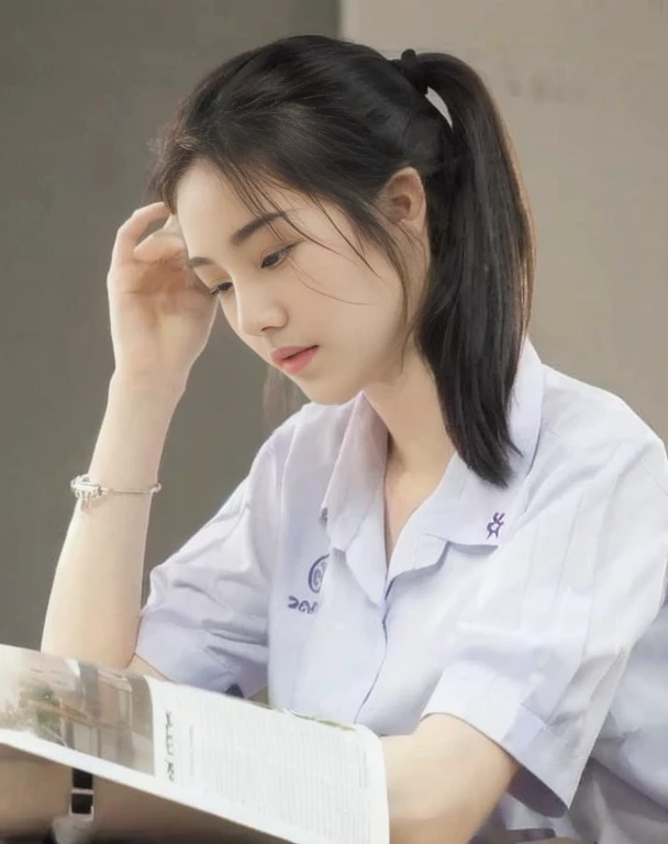 arafed woman sitting at a table reading a book, student, girl wearing uniform, sakimichan, xintong chen, wearing school uniform,...