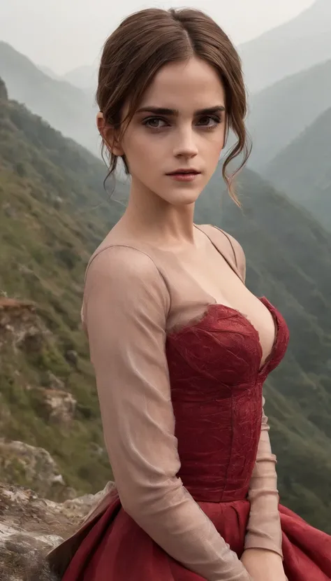 (Emma Watson) holding varita magica, sexy cleavage dress, red cleavage cloth, long hair, big breasts, in the misty hilly area.