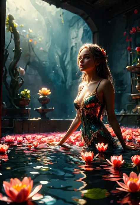 ((Masterpiece in maximum 16K resolution):1.6),((soft_color_photograpy:)1.5), ((Ultra-Detailed):1.4),((Movie-like still images and dynamic angles):1.3). | (Macro shot cinematic photo of beautiful female in a pond full of tulip), (Beautiful Female), (a pond ...