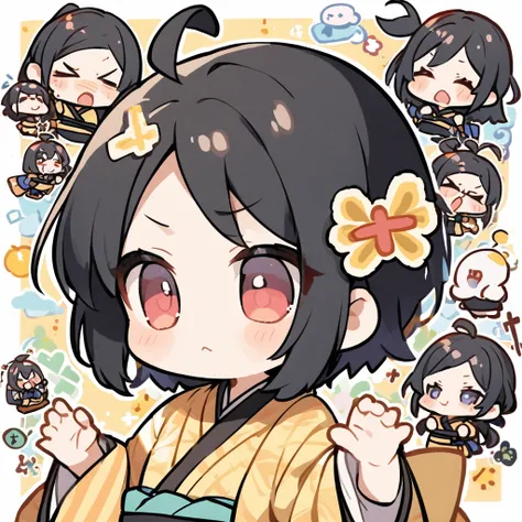 girl in kimono、make a cross sign with both hands、chibi character、black hair、ahoge、monyo face