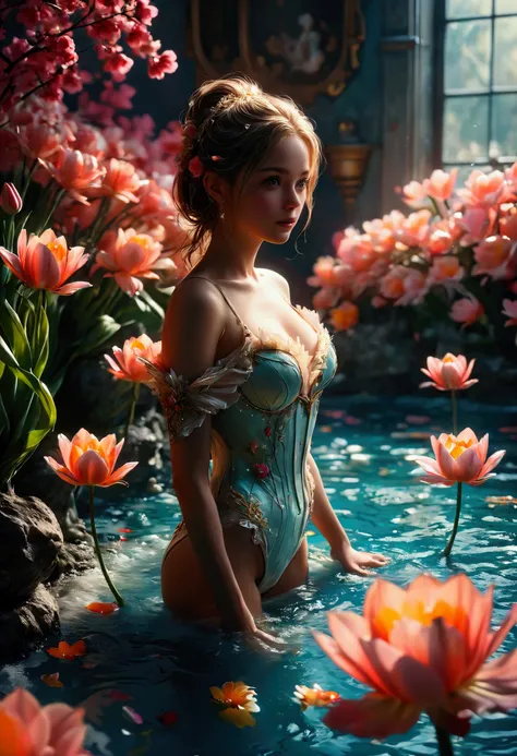 ((Masterpiece in maximum 16K resolution):1.6),((soft_color_photograpy:)1.5), ((Ultra-Detailed):1.4),((Movie-like still images and dynamic angles):1.3). | (Macro shot cinematic photo of beautiful female in a pond full of tulip), (Beautiful Female), (a pond ...