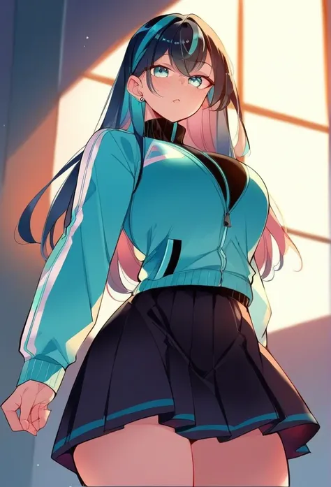 juder_style, score_9, score_8_up, score_7_up, score_6_up, score_5_up, score_4_up, hd, (ultra hd quality details), 8K, 1girl, long hair, Hourglass body, light blue eyes, dark indigo hair, 2d illustration, cyan varsity jacket, black skirt