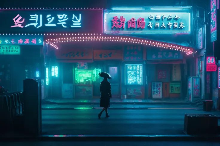 araped image of a person walking down the street at night, like a scene from blade runner, cyberpunk streets at night, reminisce...