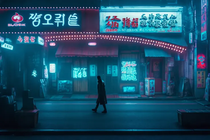 araped image of a person walking down the street at night, like a scene from blade runner, cyberpunk streets at night, reminisce...