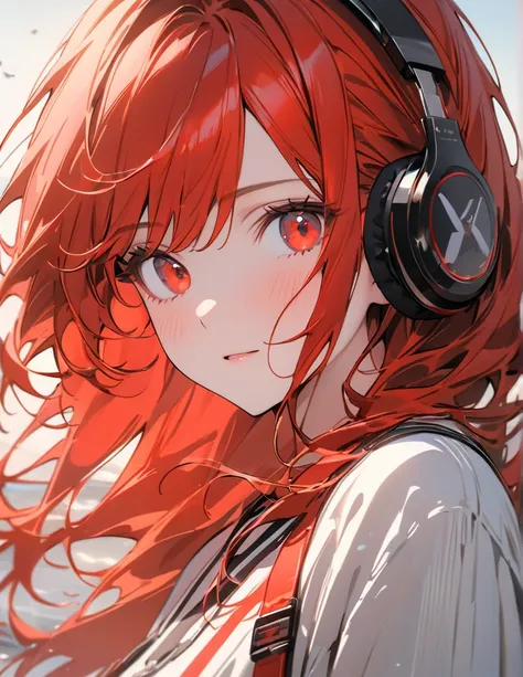 アニメ、デジタルアート、フラットデザイン、uhd, (masterpiece:1.2), best quality, highres, award winning, high details、Listening to music with headphones and lookinh here、Her hair is color red blowing in the wind and she has a calm expression.