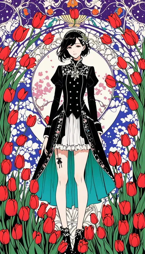 (harry clark (harry clarke) style:0.5),(圣地亚哥·卡鲁索style:0.7),
1 girl,
breaktulip background,(tulip&#39;s future:1.6),( background ...