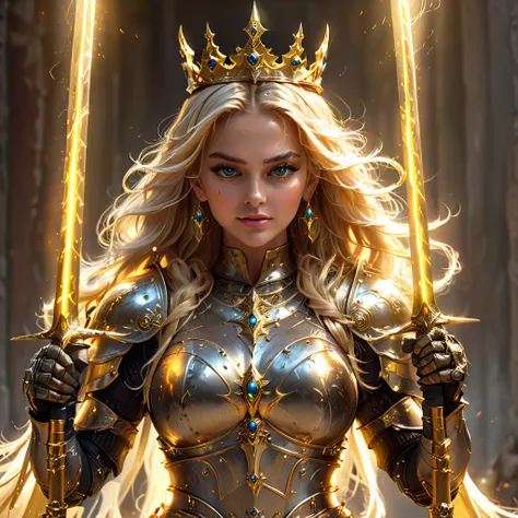 extremely beautiful witch blonde girl and with two golden sharped sword with a beautiful blonde long flowing hair wearing a crow...