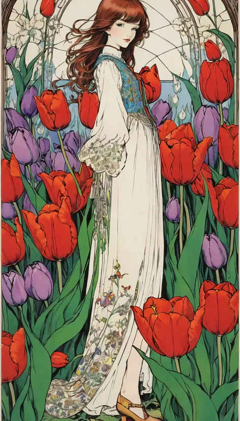 (harry clark (harry clarke) style:0.5),(圣地亚哥·卡鲁索style:0.7),
1 girl,
breaktulip background,(tulip&#39;s future:1.6),( background ...