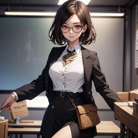 CG, Unity, 8k, wallpaper, Highest quality, masterpiece, Lovely lady, 18-year-old, Brown hair short cut, White skin, Best lighting, Complex pupil, Intricate weaving,((professor:1.2)),harf body,professor、tailored jacket、A synthetic fiber blouse with an intri...