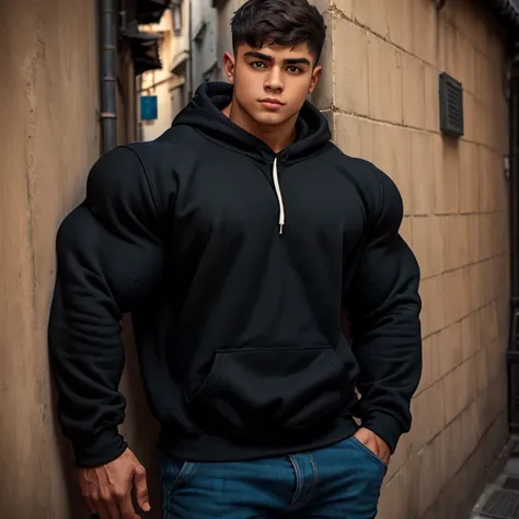 a young man, short hair, big eyes, wearing a simple black sweatshirt with long sleeves, massively muscular, with massively large...