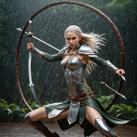 slow exposure image of a {1elven stunning pose, warrior, swinging the sword in circle swing, photo_model pose, holding sword, br...