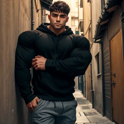 a man, short hair, big eyes, wearing a simple black sweatshirt with long sleeves, massively muscular, with massively large muscl...