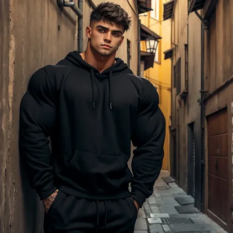 a man, short hair, big eyes, wearing a simple black sweatshirt with long sleeves, massively muscular, with massively large muscl...