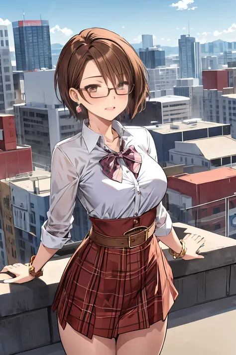 Anime Girls, Cowgirl Costume, Medium chest, Brown Hair, Perfect Proportions, ((short hair)), Glasses, city, Earrings