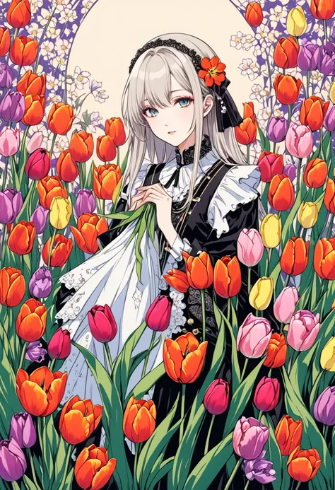 (harry clark (harry clarke) style:0.5),(圣地亚哥·卡鲁索style:0.7),
1 girl,
breakflower background,(tulip&#39;s future:1.6),( background...