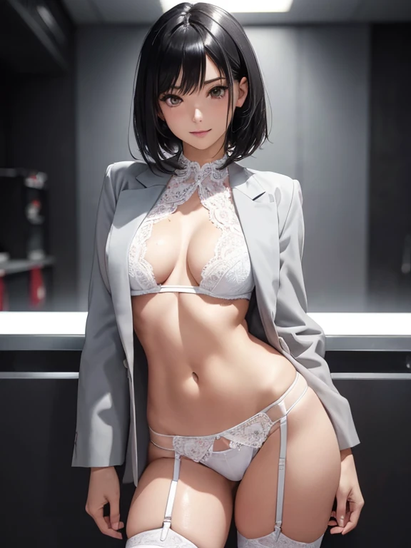 anime, estilo anime de mujer realist, 18 year old girl, (gray blazer, white lace panties, garter belt: 1.2), beautiful details of the eyes, light shines on your face, ((full body photo: 1.2)), particularly strong light, (good eyes, smile: 1.2), shiny skin,...