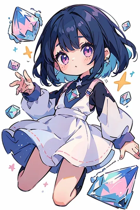 1 small girl, anime style, whole body, little, cute, short blue hair, pink eyes, pastel colors, stars, diamonds, white backgroun...