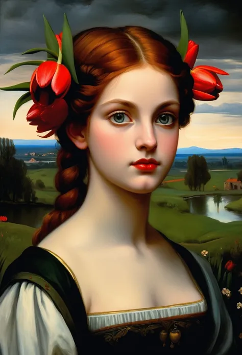 [[(front full portrait: (young Hera Hilmar with Tulips) (solo) with big eyes and a red short hair two pigtails , apple)((Agnolo Bronzino style!!!))])):20]/[background: landscape
 dark Renaissance, old canva, (noir night), ((russian landscape style Alexey S...