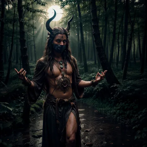 A mystic shaman wearing a mask carved from ancient wood, covered in glowing runes, standing in a dark forest under the full moon, as he channels the spirits of the forest, the mask glowing with ethereal light, cinematic and mystical atmosphere, mystical li...