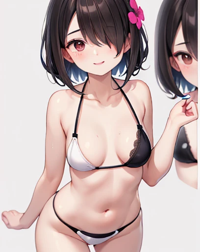 Highest quality、masterpiece、Ultra-detailed、Ultra-high resolution、1 Female、solo、Age 25、(Soft bust:1.2)、Natural Big、(small black lace bikini 1.4)、(Close one eye)、(White highlight in pupil:1.2)、Dark reddish brown eyes、(Black-haired)、(Look at the viewers:1.2)、...