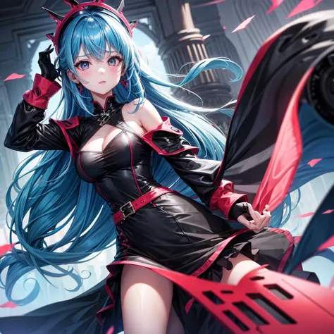 Fortnight girl,blue hair, black eyes,red hrons, black and pink dress