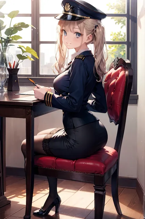 (masterpiece), 4K,woman,navy,long sleeve military uniform,hat,Small breasts,Small Ass,Twin tails,Light bulb lighting,Realistic, skinny, smile,Sitting in a luxurious chair,((Lace Pencil Skirt)),Writing documents