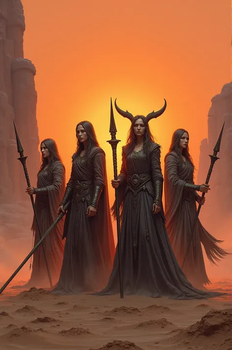 4 fantasy character concept art of four female priestesses with long robes and staffs holding swords standing in the desert. The art has a dark orange and light pink color palette with a detailed background in the style of a matte painting by Greg Rutkowsk...