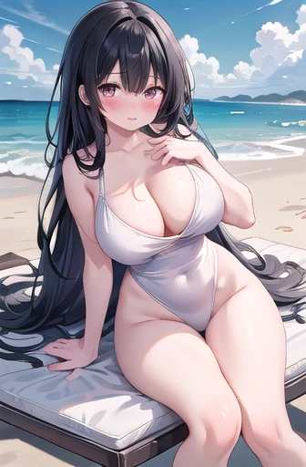 Best illustrations, Beach, A woman taking off her clothes and putting on a swimsuit, big, Accentuate your breasts, Black Hair, Shortcuts, Embarrassed look, blush (1.2) expensive, Beautiful feet, Long legs, Beautiful woman