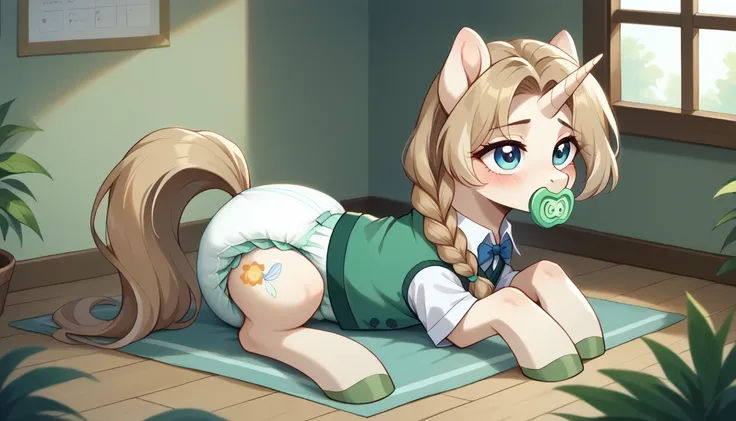 pony, light caramel unicorn, adult mare, plum eyes, lush mane braided, bushy tail, sitting in the room on a soft play mat, dressed in a bright green vest and green booties, green pacifier in mouth, solo, thick light green diaper under clothes.