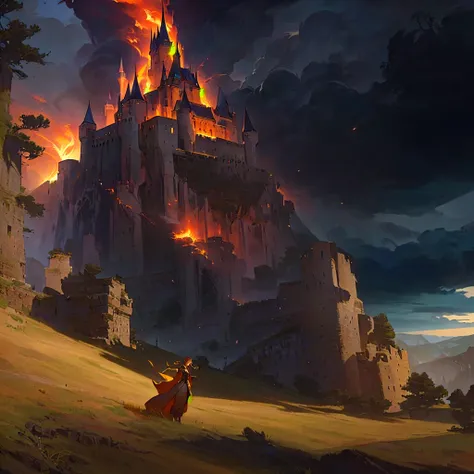 Arafed Castle on a hill with a woman in a long dress, Cover of an epic fantasy novel, art style of Mark Simonetti, вдохновленный Markом Симонетти, An ancient city on fire, Mark _ Simonetti, style of Mark Simonetti, medieval fantasy art, epic fantasy illust...