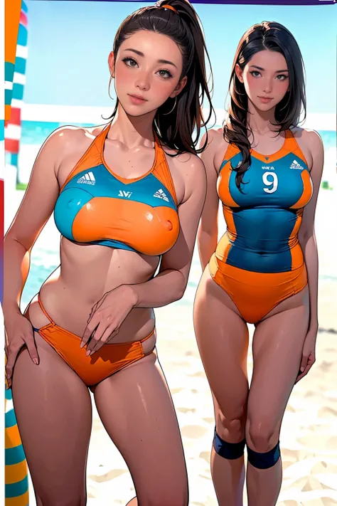 inside beach court, (Two Women),(Two beach volleyball players standing side by side:1.5),from below, under boob, (Same beach volleyball team:1.5),(orange color Beach volleyball high leg bikini:1.3),(Wearing the same thing:1.5),tight:1.5, (Long Hair:1.3), h...