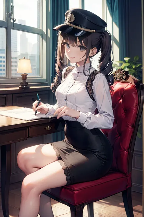 (masterpiece), 4K,woman,Drill Sergeant,long sleeve military uniform,hat,Small breasts,Small Ass,Twin tails,Light bulb lighting,Realistic, skinny, smile,Sitting in a luxurious chair,((Lace Pencil Skirt)),Writing documents