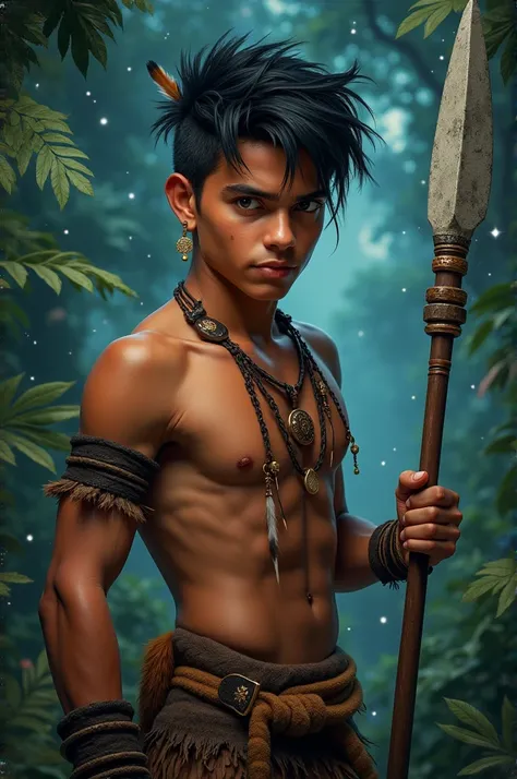 handsome boy,Black Hair，Tanned skin，Minority style，Feather ornament，Stars background，Amazon Natives，(Dynamic poses:1.0)，Stone Spear，Animal leather wristbands，primitive