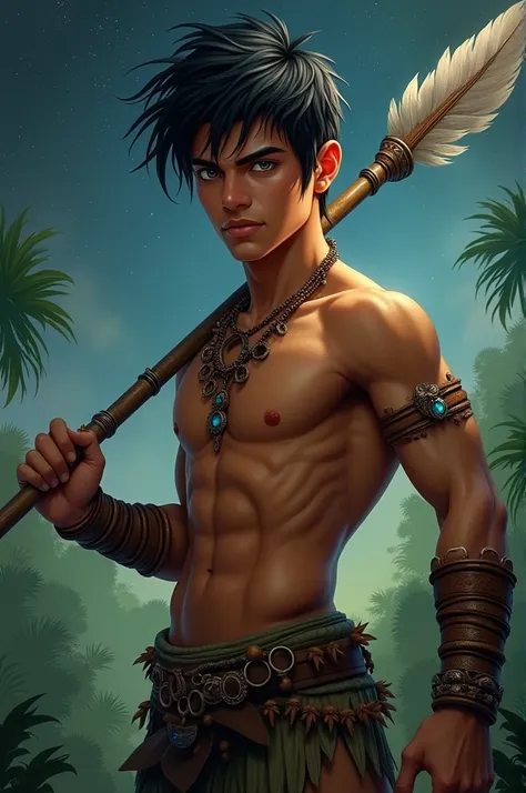 handsome boy,Black Hair，Tanned skin，Minority style，Feather ornament，Stars background，Amazon Natives，(Dynamic poses:1.0)，Stone Spear，Animal leather wristbands，primitive