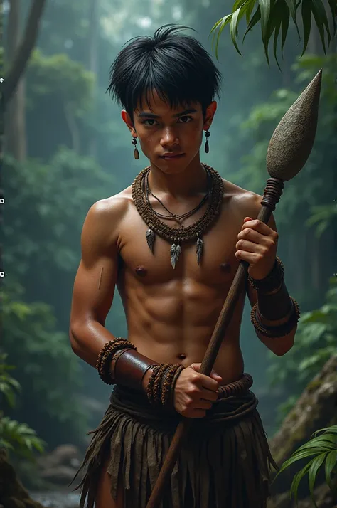 handsome boy,Black Hair，Tanned skin，Minority style，Feather ornament，Stars background，Amazon Natives，(Dynamic poses:1.0)，Stone Spear，Animal leather wristbands，primitive