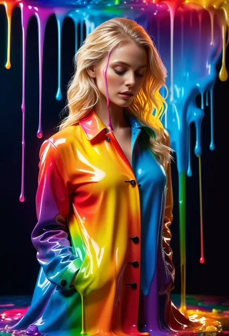 beautiful blonde, The wax coat melts and drips on the body (masterpiece: 1.2), (best quality), 4k, Extremely detailed, (dynamic composition: 1.4), Very detailed, Colorful Detailed, (Rainbow Colors: 1.2), (Bright Lights, Atmospheric lighting), Dreamy, magic...